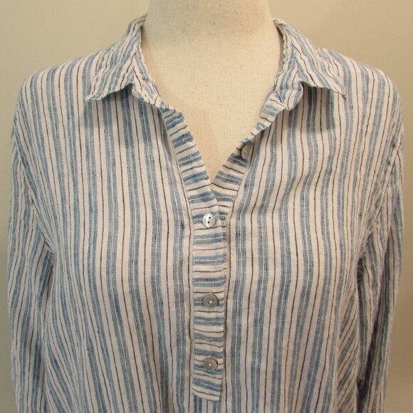 J Jill Love Linen White Blue/Black Striped Hi-Low Tunic Large Tall - Picture 5 of 16